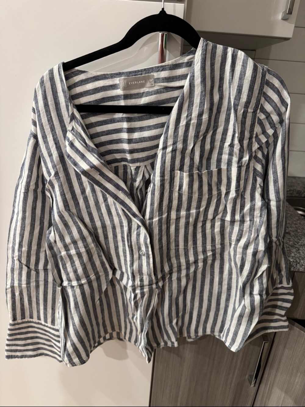 Everlane Navy and White Vertical Stripe Linen Shirt